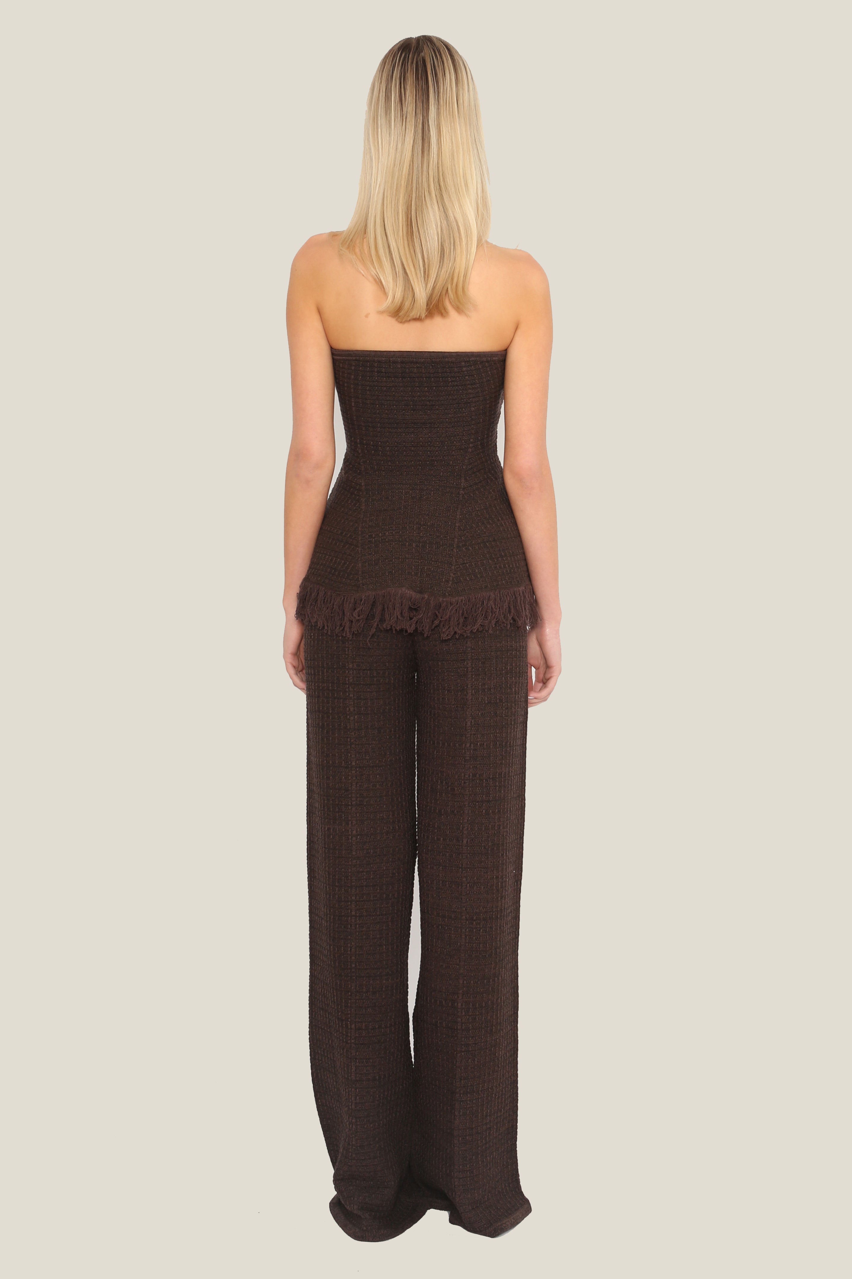 Textured Knit Wide Leg Trousers in Brown