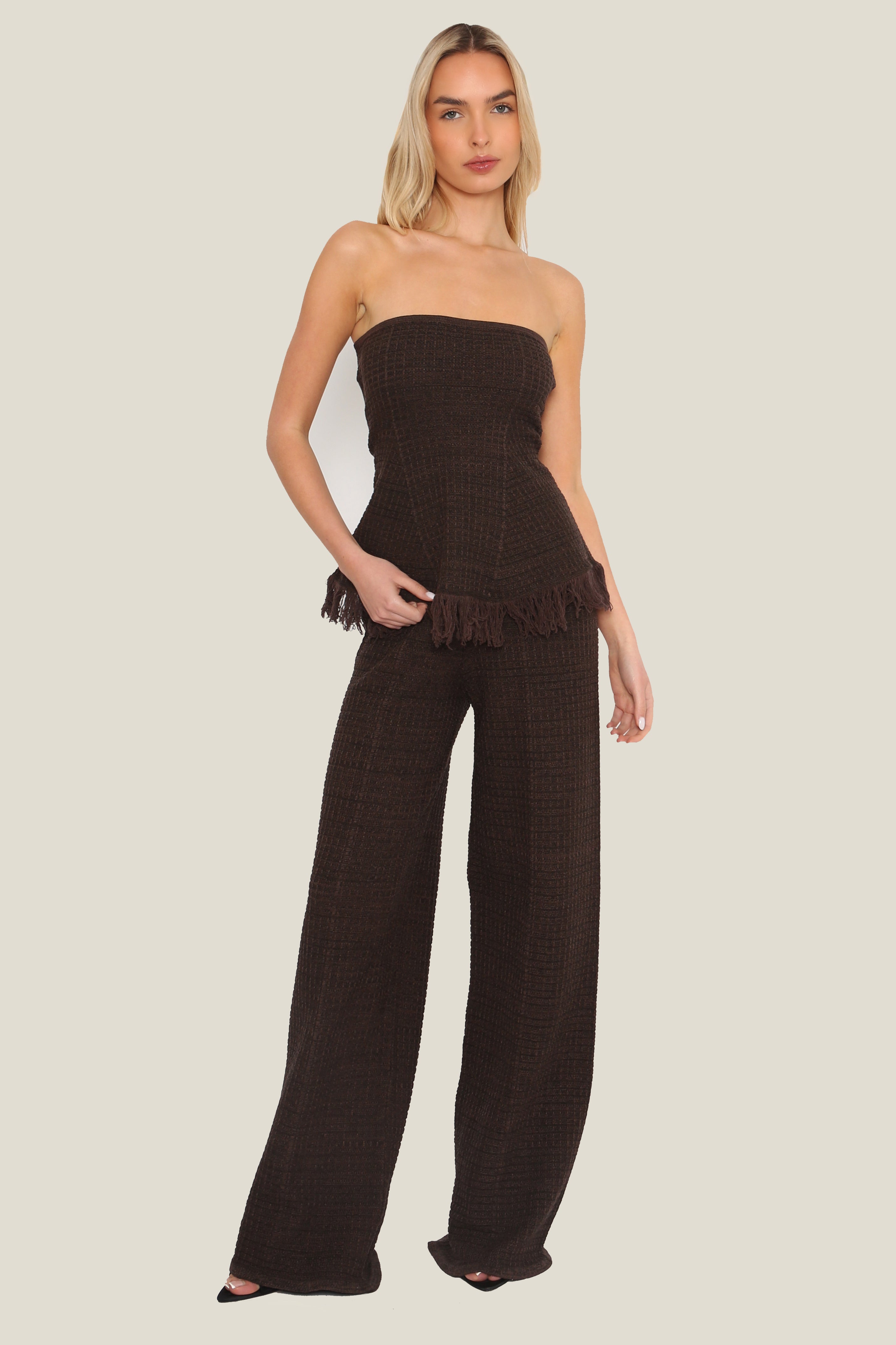 Textured Knit Wide Leg Trousers in Brown