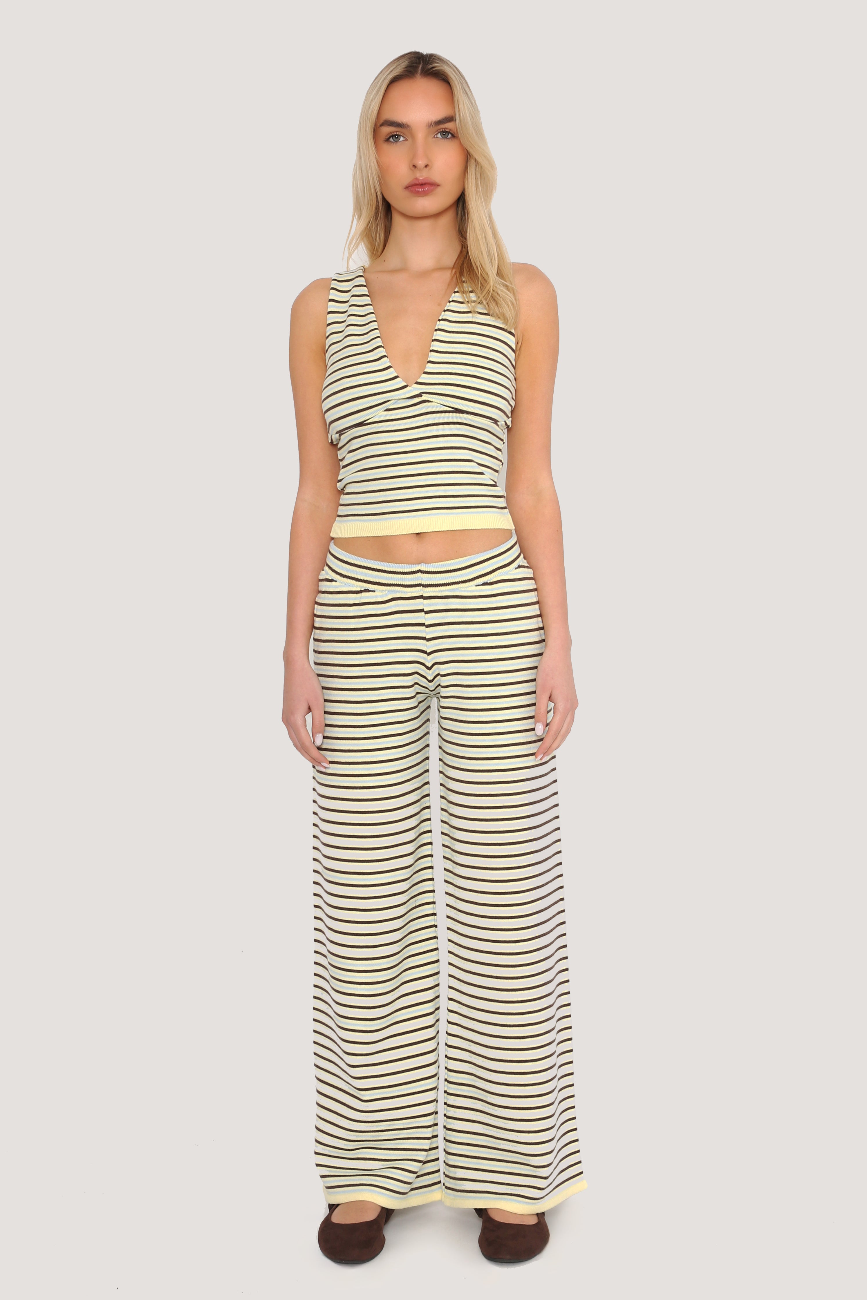 Stripe Knit Plunge Neck Top in Yellow