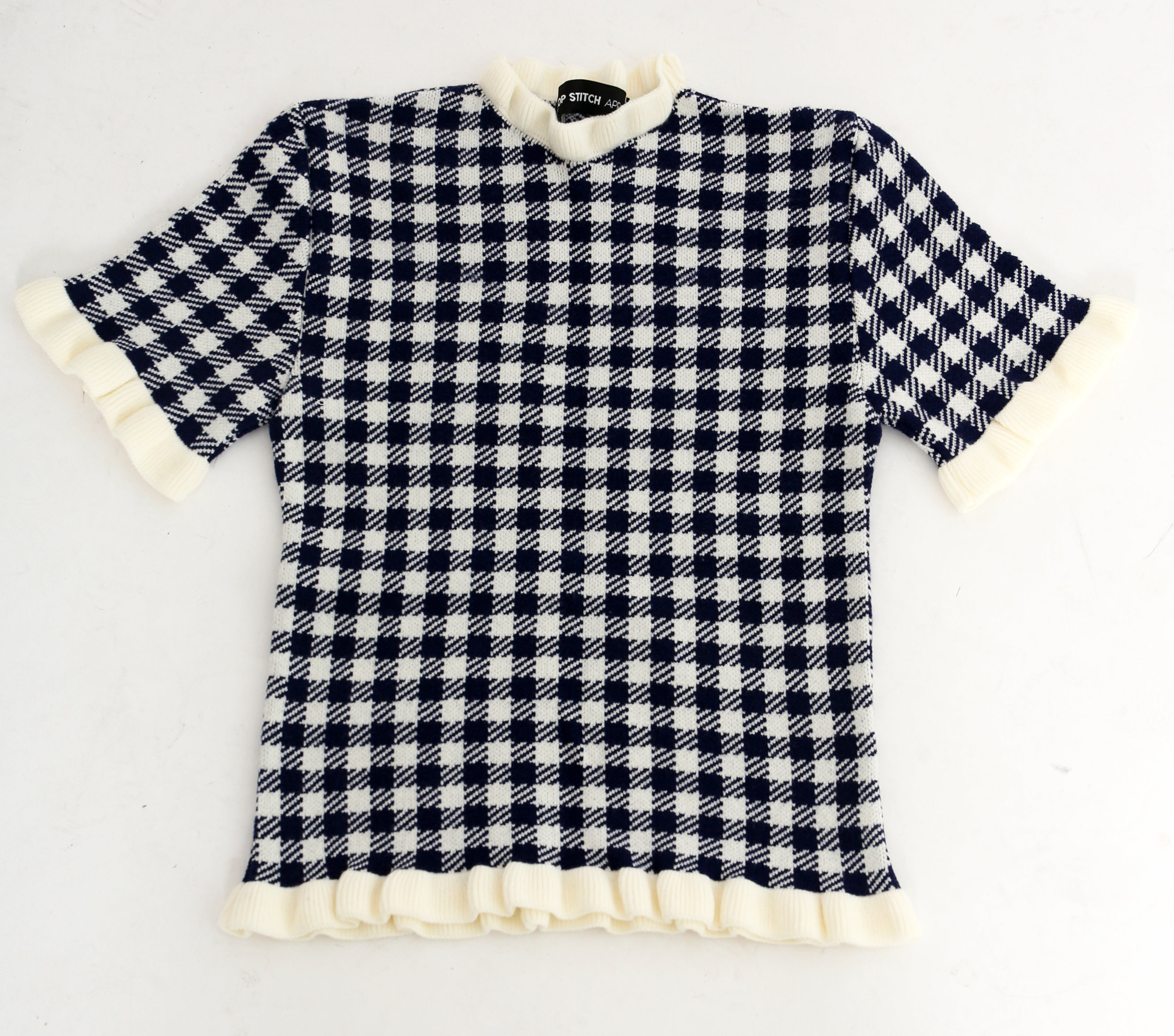 Gingham Knit Ruffle Detail Top in Navy