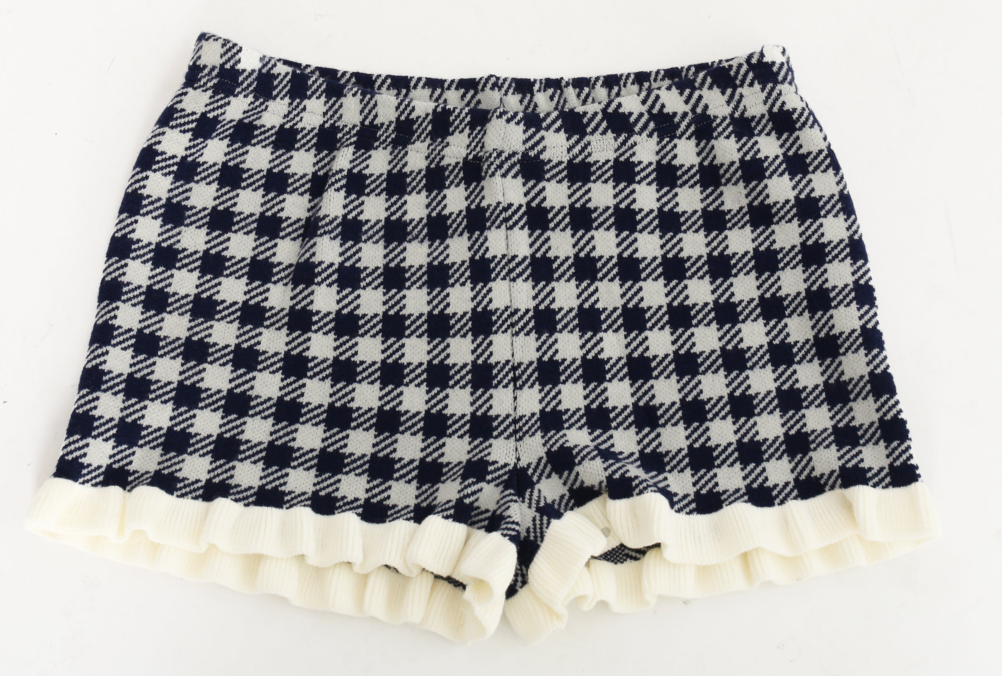 Gingham Knit Ruffle Detail Shorts in Navy