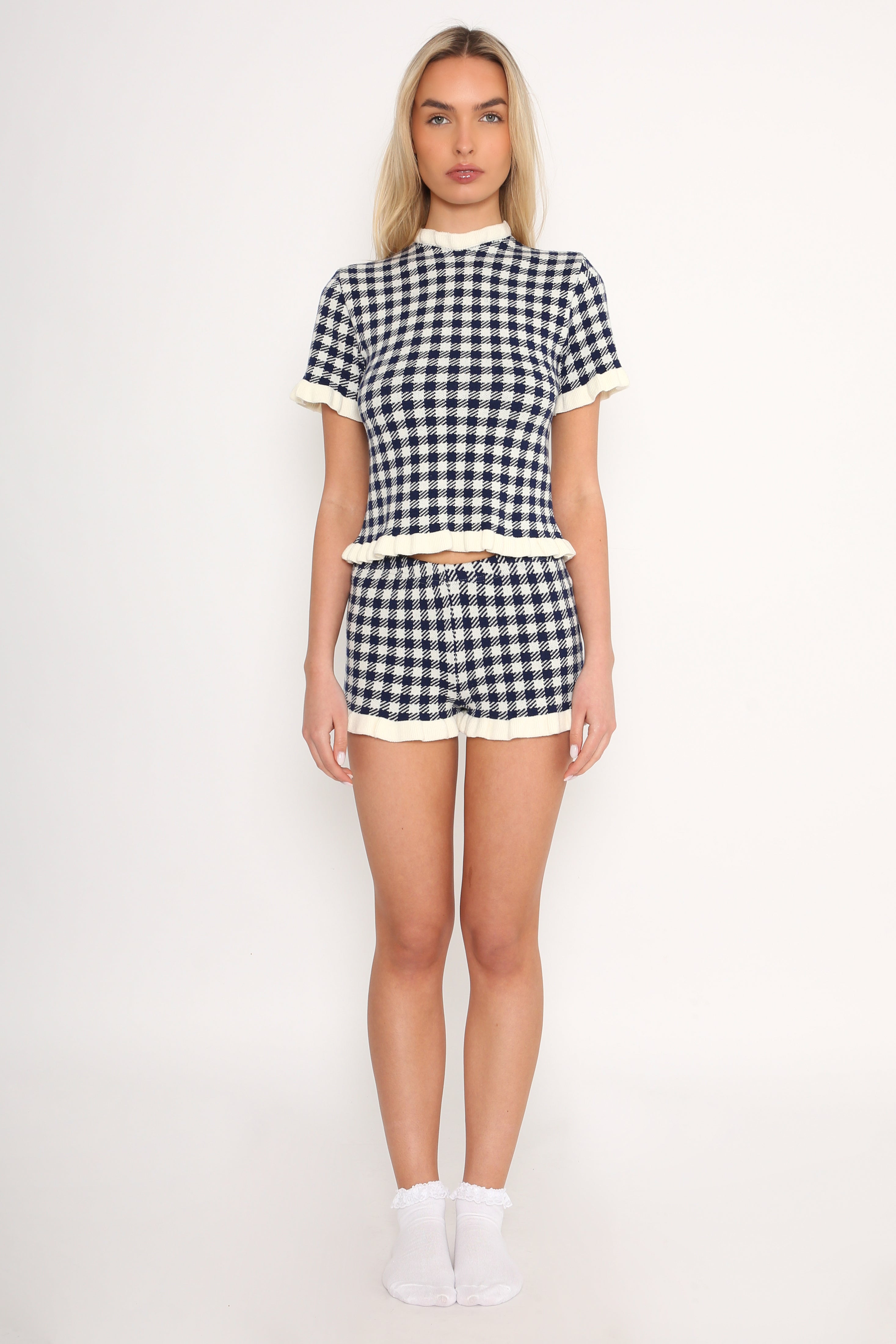 Gingham Knit Ruffle Detail Top in Navy