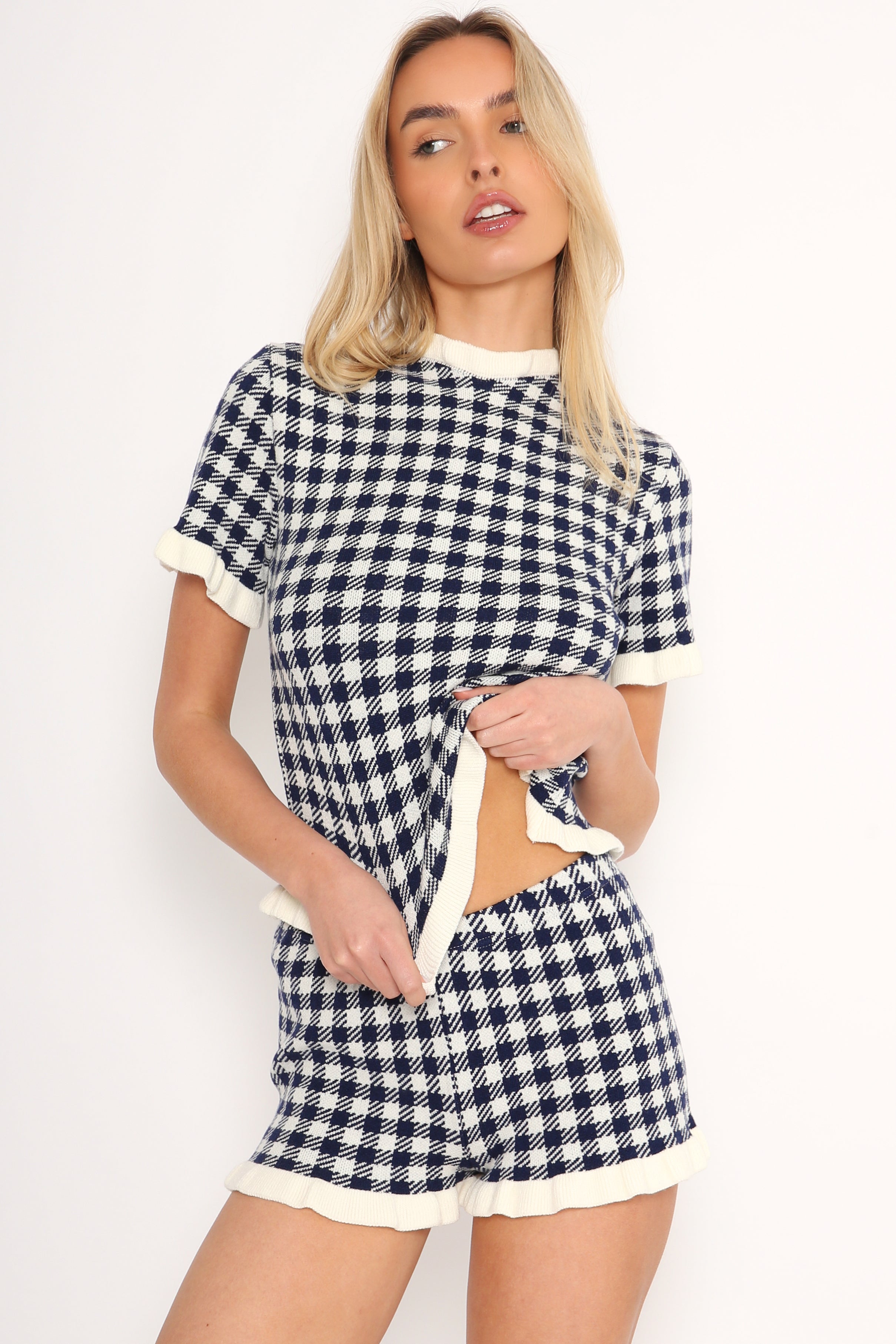 Gingham Knit Ruffle Detail Shorts in Navy