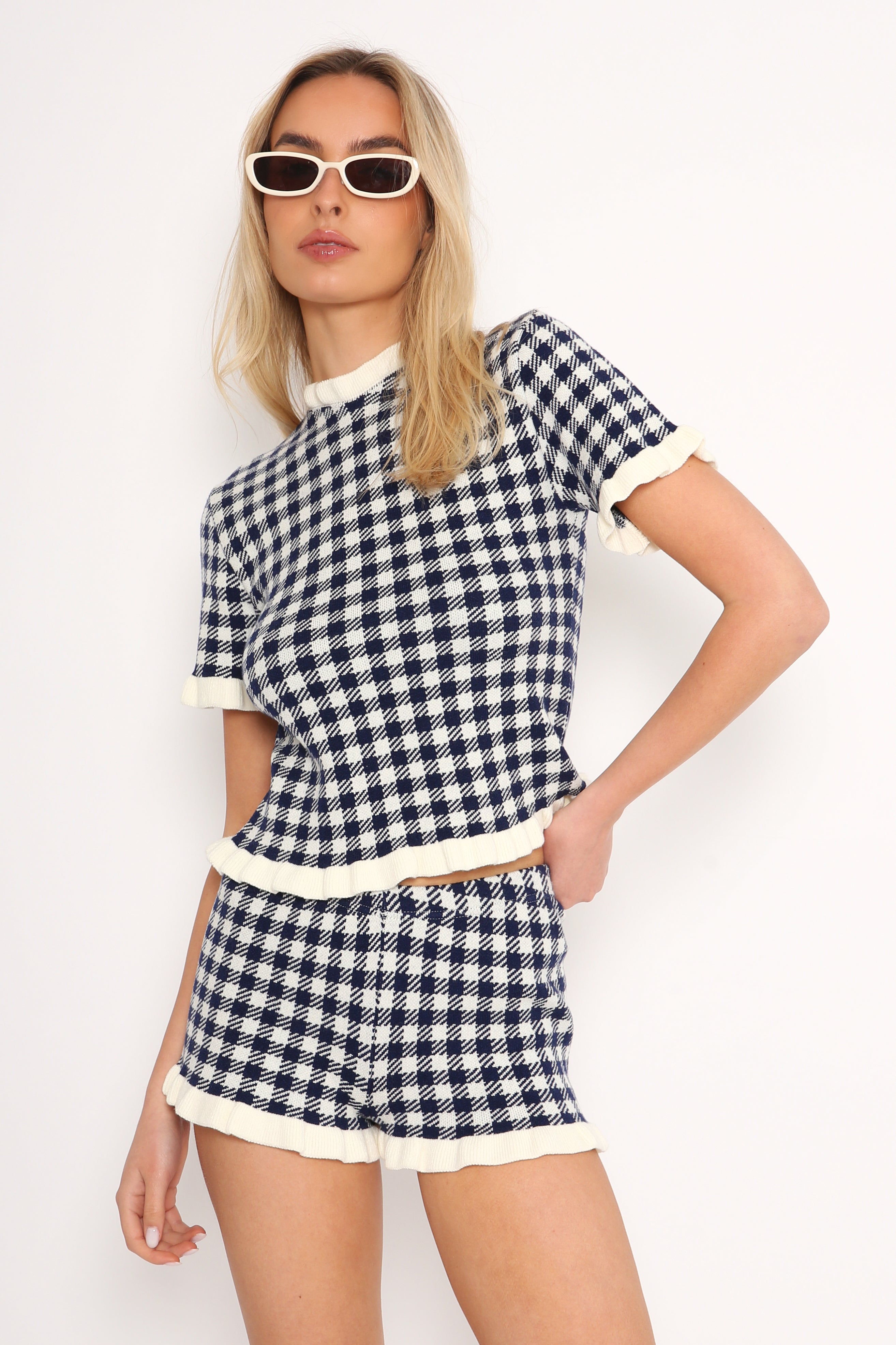 Gingham Knit Ruffle Detail Top in Navy