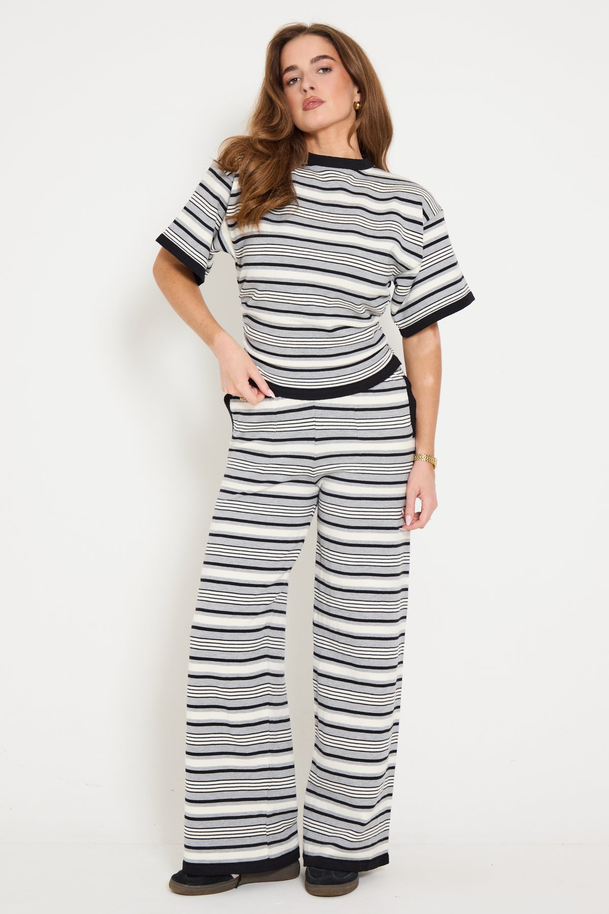 Stripe Ruched Side Tee in Grey