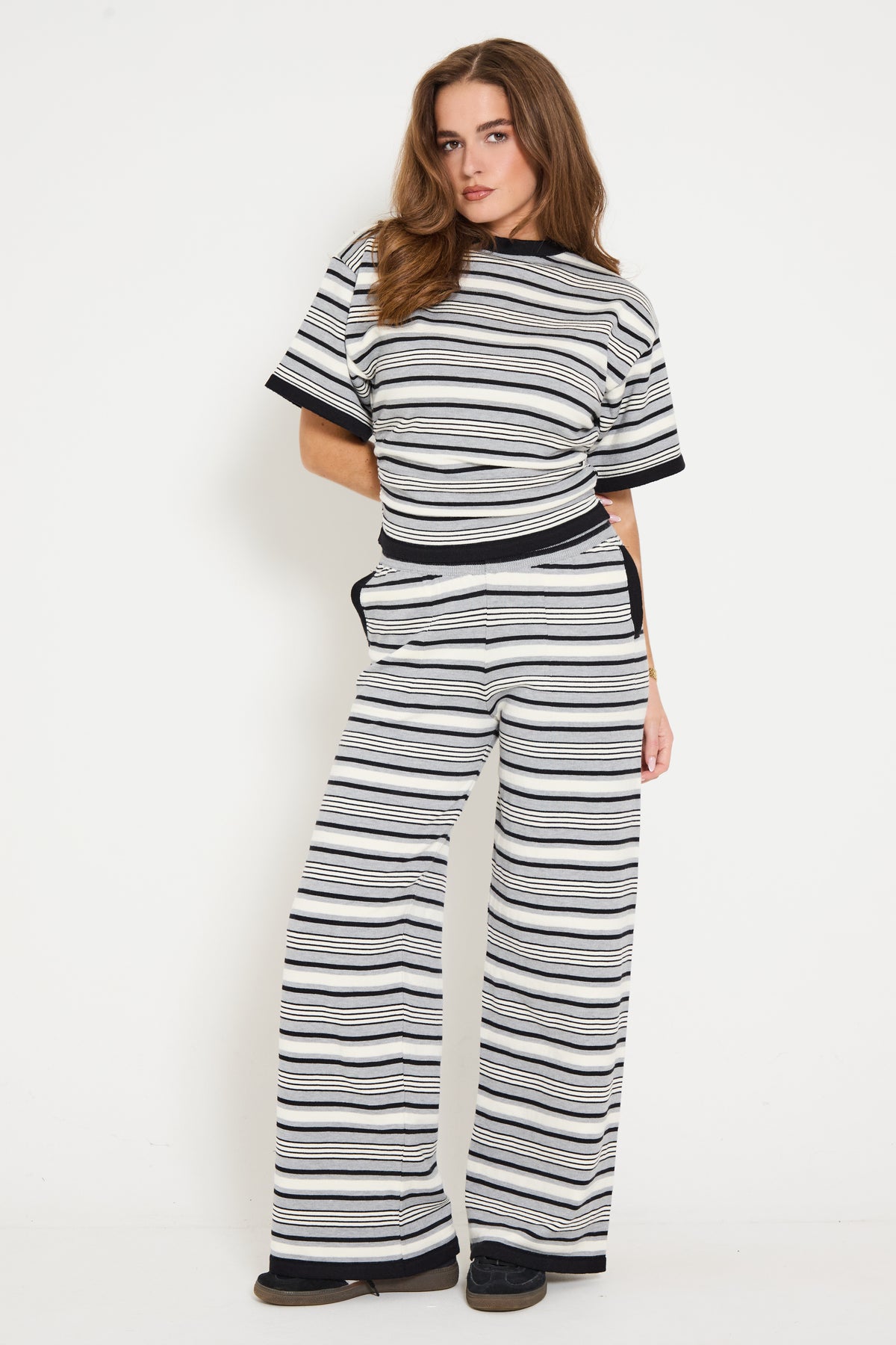 Stripe Ruched Side Tee in Grey