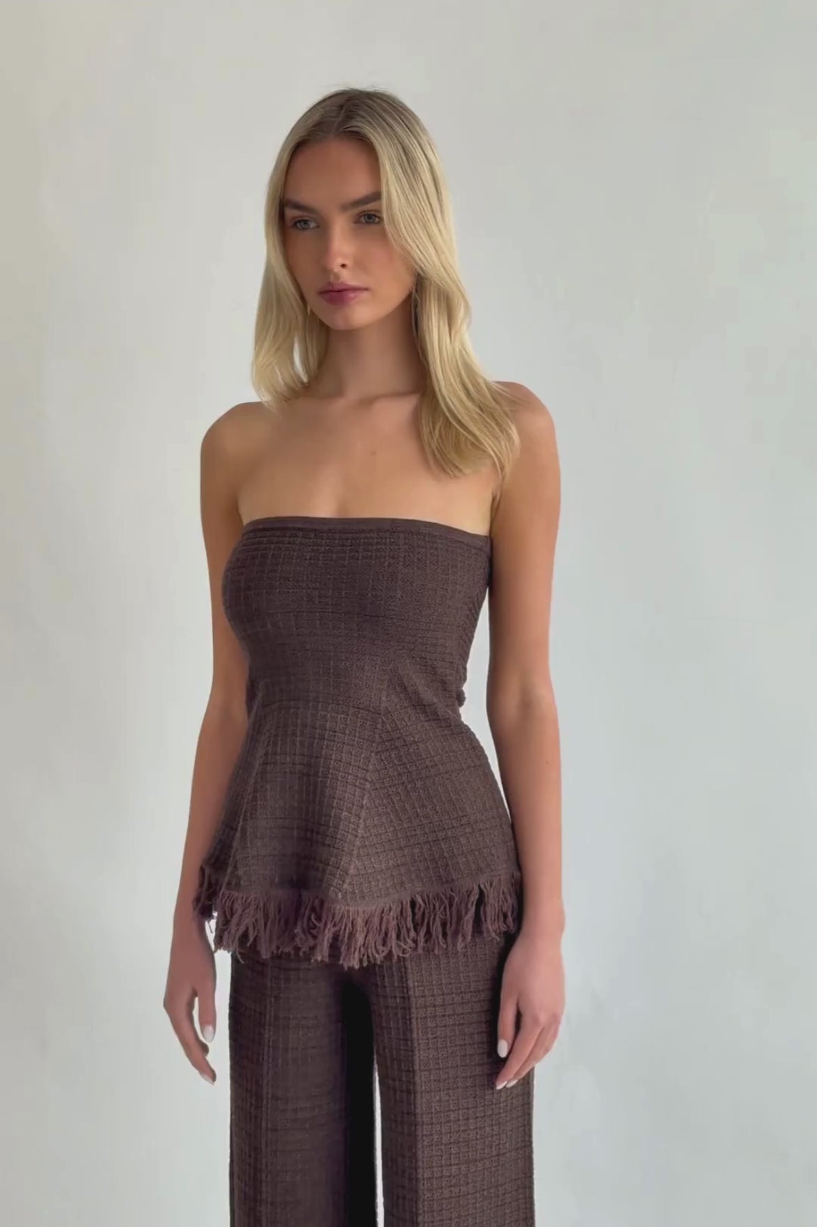 Tassel Knit Long Line Peplum in Brown