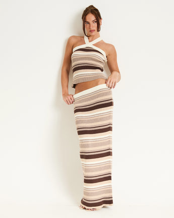 Stripe Knit Maxi Skirt in Brown