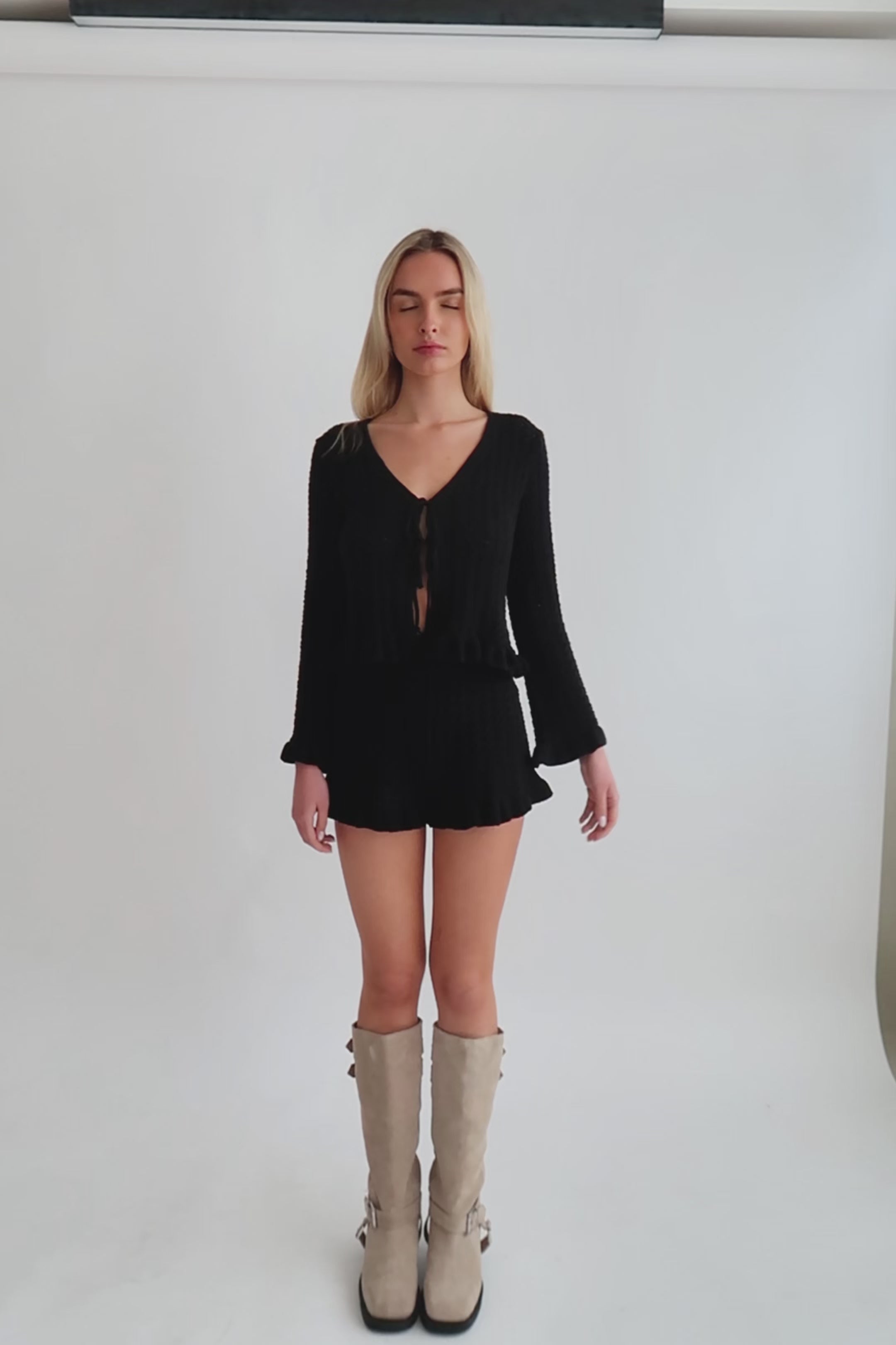 Pointelle Knit Shorts in Black
